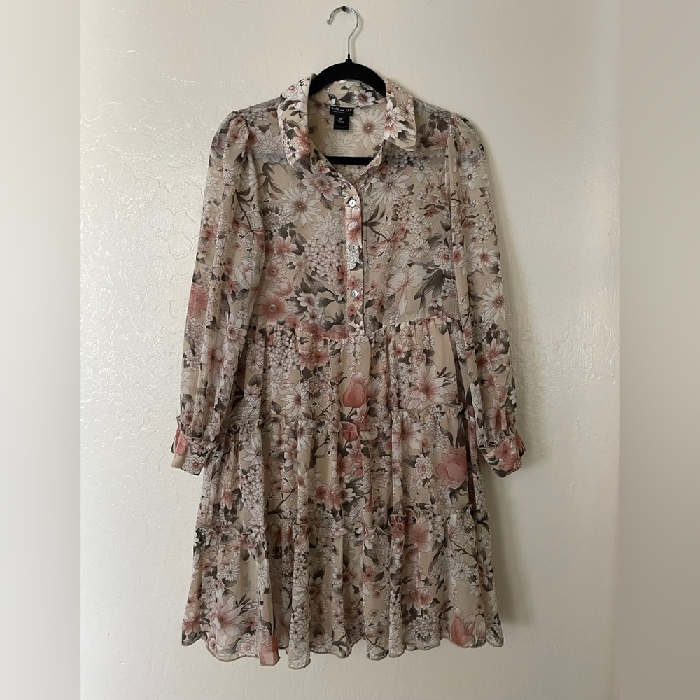Kate and Lily Cream Floral Tiered Long-Sleeve Button Dress with Blush Accents